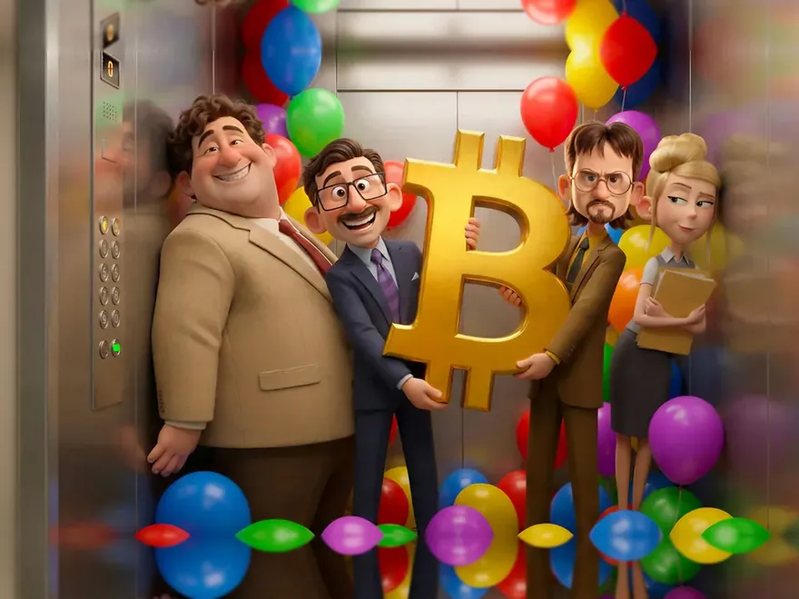 Elevator crammed with balloons, an oversized golden bitcoin and the office gang – crypto casino artwork