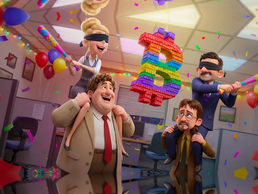 Coworkers holding up a glowing crypto token – crypto betting artwork